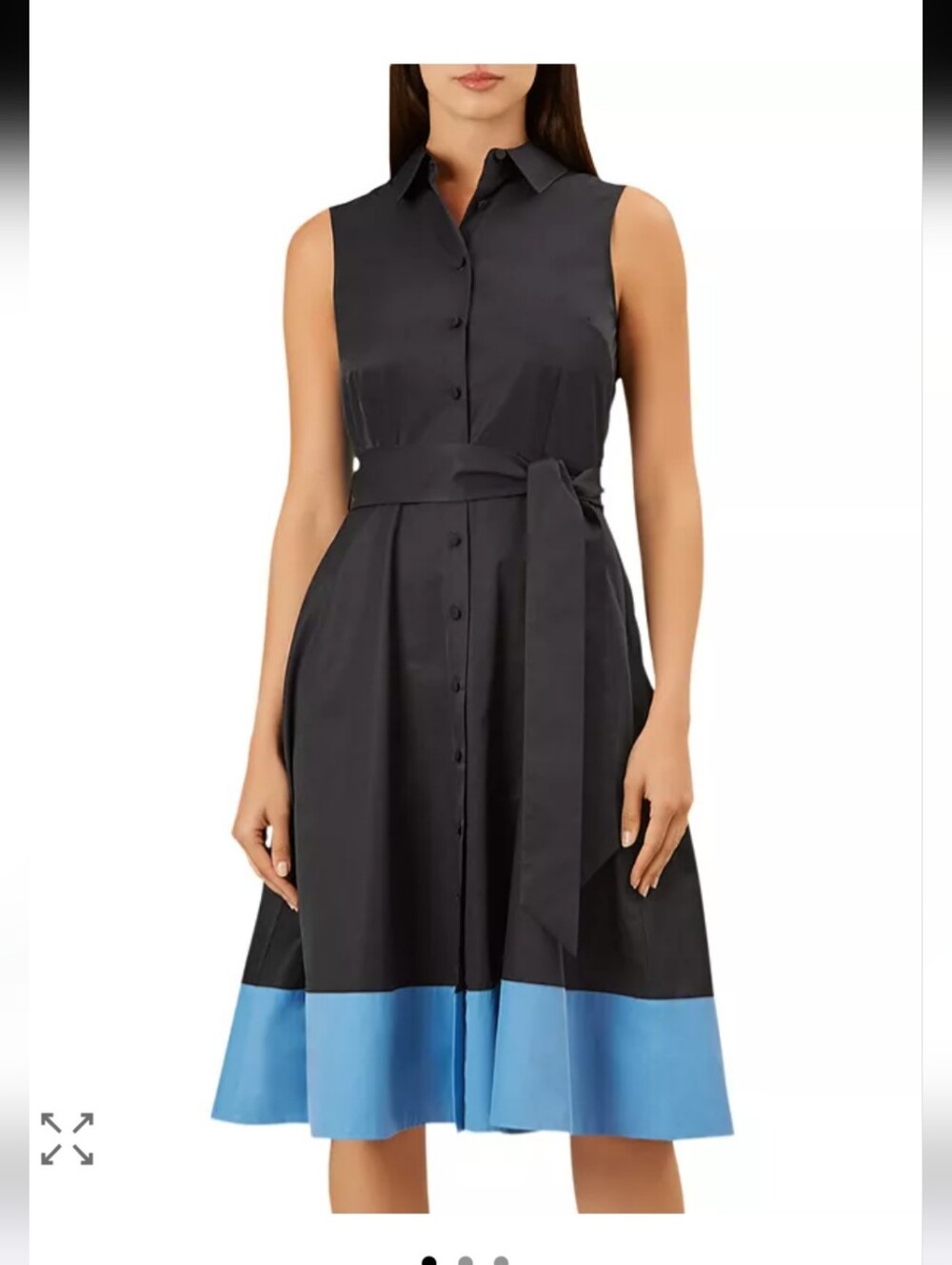 Sleeveless Black Midi Shirt Dress with Blue Hem and Tie Waist